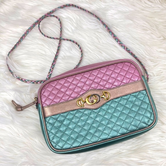 Gucci Handbags - 💯 Authentic Gucci Trapuntata Pink/Green Quilted Metallic Leather Crossbody